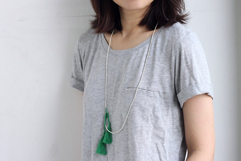 Simple Long Green Tassel Silver Necklace Wrap Bracelet - Necklaces - Other Metals Green