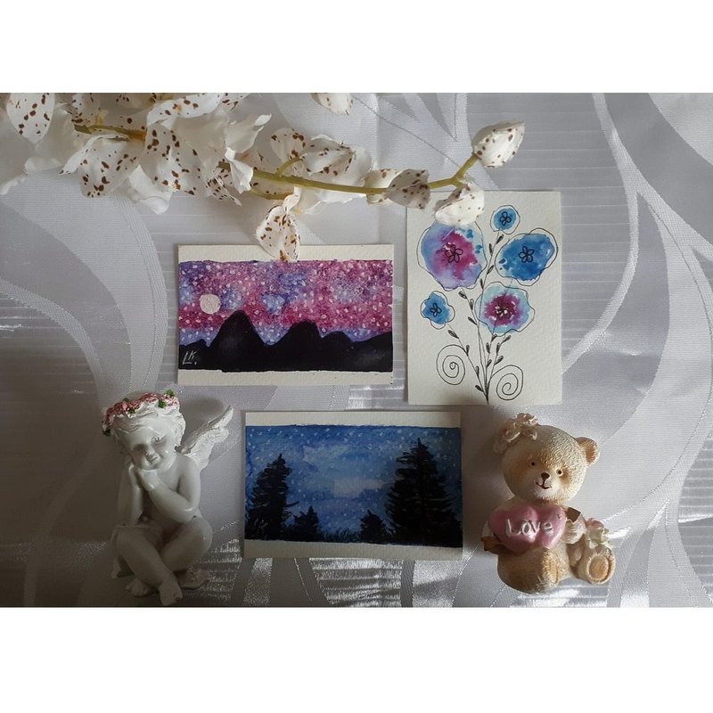 Original Three  ACEO Arts Mountains Art Forest Landscape and Flowers Watercolor - 壁貼/牆壁裝飾 - 紙 多色