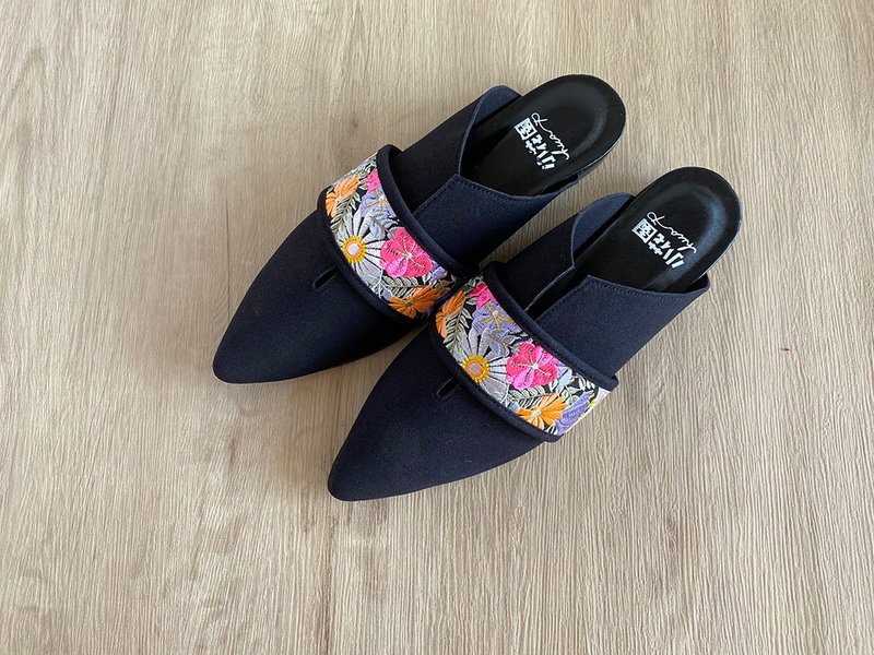 穆勒鞋 - 花紋款 (黑色) - 涼鞋 - 棉．麻 黑色