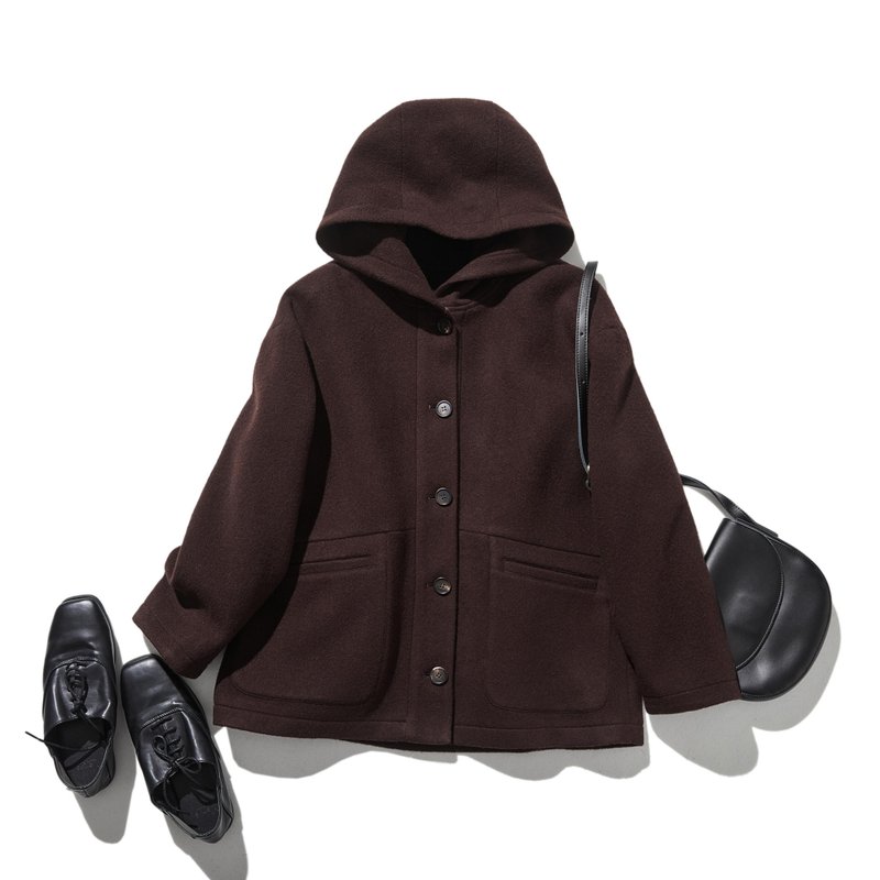 Lightweight and warm hooded wool outerwear, reddish brown, 241206-4 - เสื้อสูท/เสื้อคลุมยาว - ขนแกะ 