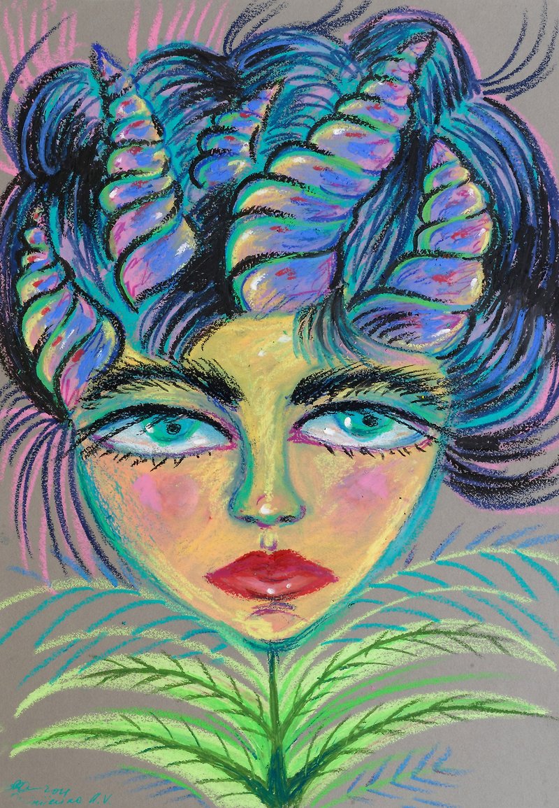Portrait of a Girl. Original painting. Original art. Oil pastel on paper. Sea - Posters - Paper Multicolor