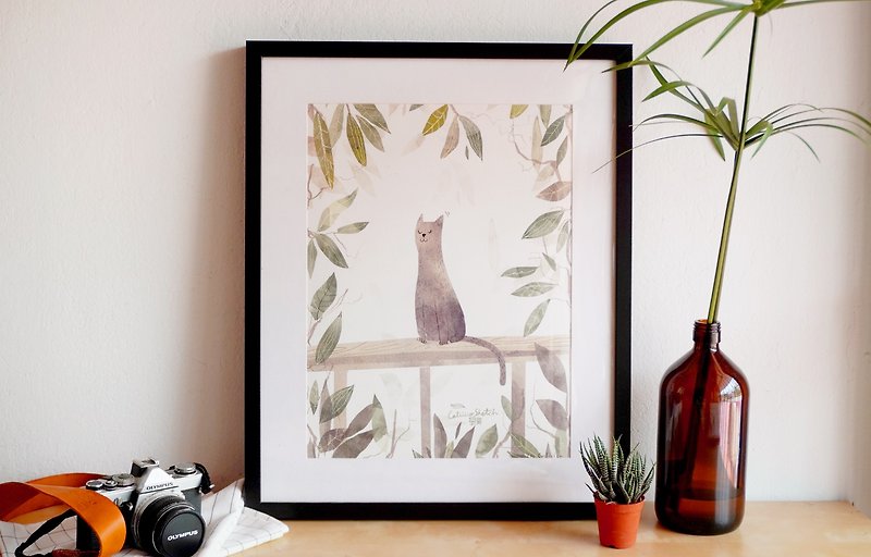 Poster Cat on terrace - 海報/掛畫/掛布 - 紙 綠色