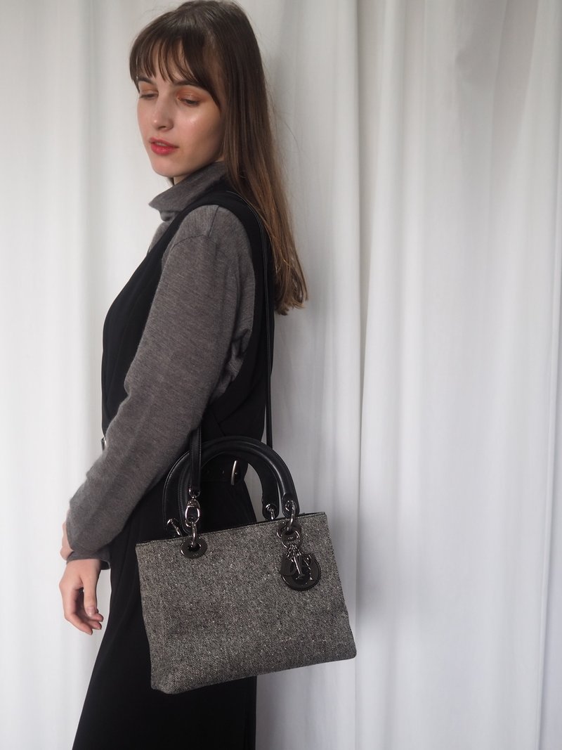 CHRISTIAN DIOR Lady Dior 2WAY Handbag Gray Canvas Dior Vintage - กระเป๋าถือ - ผ้าฝ้าย/ผ้าลินิน สีเทา