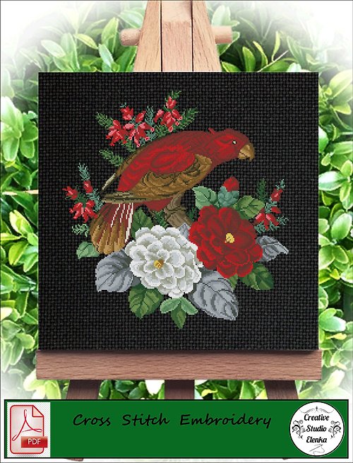 CreativeStudioElenka Vintage Cross Stitch Scheme Red parrot on a branch - PDF Embroidery Scheme