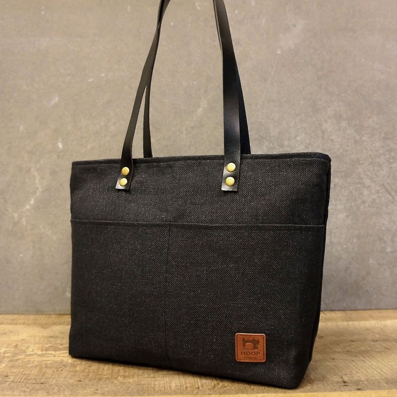 Leather Tote Bag Day - Department of stiff linen canvas (carbon black) - กระเป๋าแมสเซนเจอร์ - ผ้าฝ้าย/ผ้าลินิน สีดำ