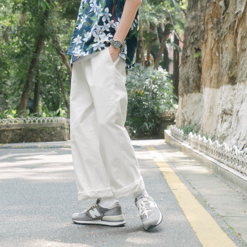 Ultra comfortable skin-friendly fabric Japanese loose cut drawstring white straight casual pants wide cutting - Men's Pants - Cotton & Hemp White