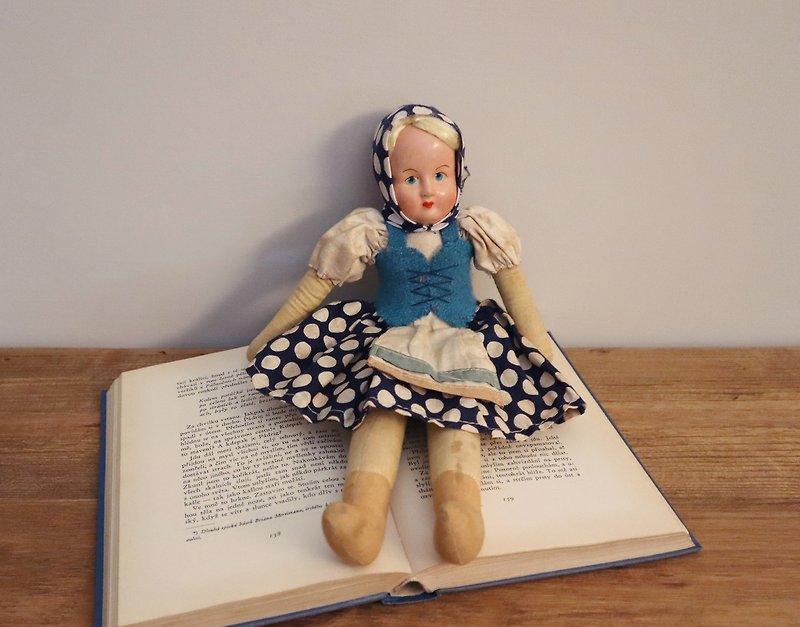 【Little Fairies】Poland vintage handmade painted doll-dots headscarf+black hair - ตุ๊กตา - ผ้าฝ้าย/ผ้าลินิน สีน้ำเงิน