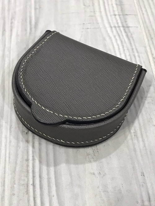 Leather IN The House 馬蹄型駒縫零錢包 類LV零錢包 紳士灰+米色線