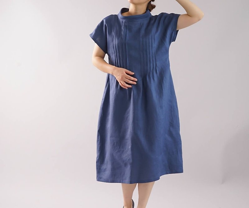 リネンワンピース　ピンタック　オフネックドレス シルクオーガンジー/ブルーマリーヌ a081h-bum2 - 洋裝/連身裙 - 棉．麻 藍色