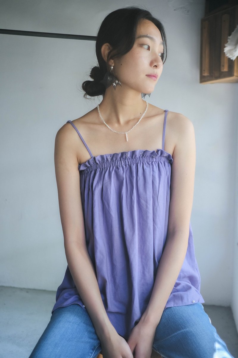 Mumoi Gathered Linen Cami Top Purple Taro Embroidered Linen Straps Linen Tank Top - เสื้อกั๊กผู้หญิง - วัสดุอื่นๆ หลากหลายสี