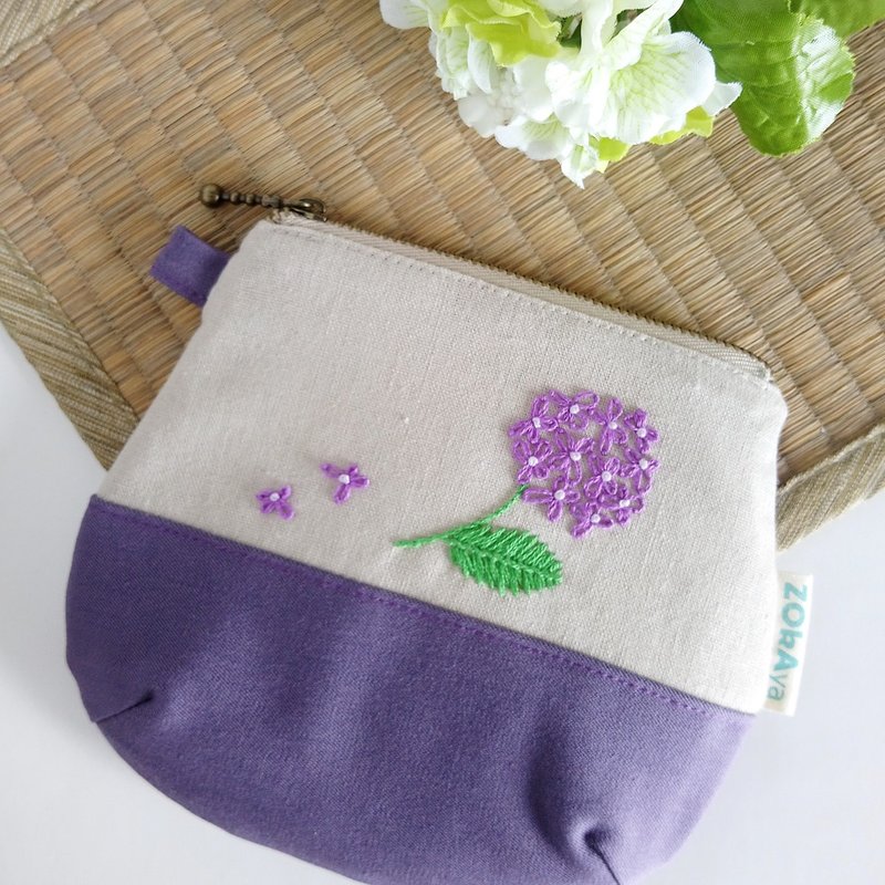 /20230208 off shelf/【現貨】手工刺繡小物包 (繡球花 x 淡紫色) - 化妝包/收納袋 - 棉．麻 紫色