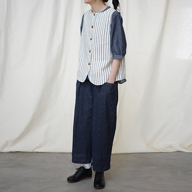 【Pinkoi ONLY】Stripe Linen Vest - เสื้อกั๊กผู้หญิง - ผ้าฝ้าย/ผ้าลินิน สีน้ำเงิน