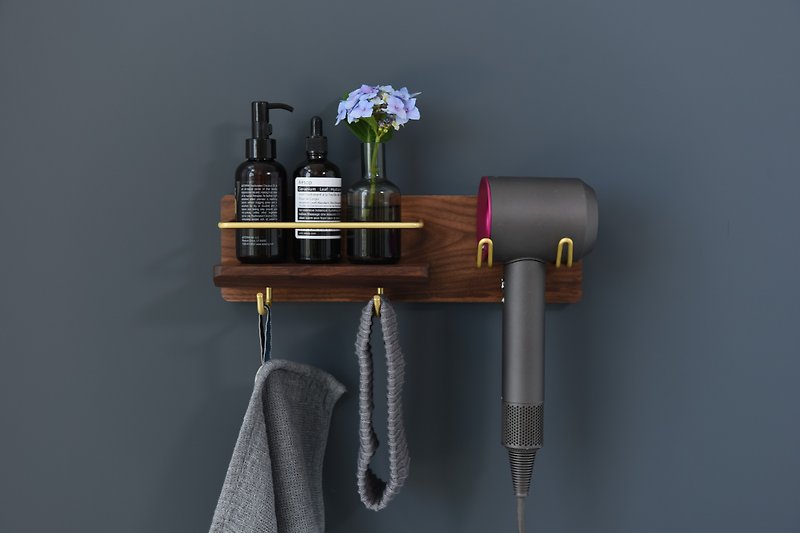 Bathroom shelf hair dryer beauty towel multi-functional storage black walnut + brass beauty items - Storage - Wood 