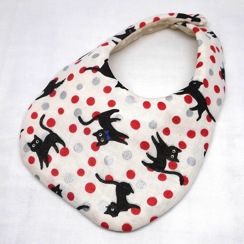 Japanese Handmade 4-layer-double gauze Baby Bib / Black cat and dots red - Bibs - Cotton & Hemp Red