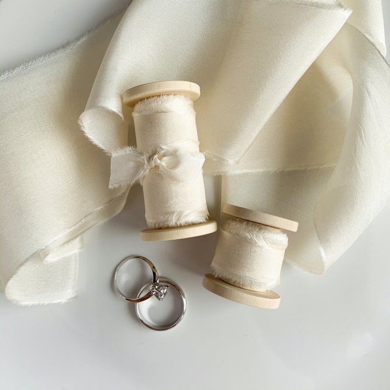 Cream Silk Ribbon / Hand Dyed Silk Ribbon on Wood Spool - 包裝材料/包裝紙 - 絲．絹 白色