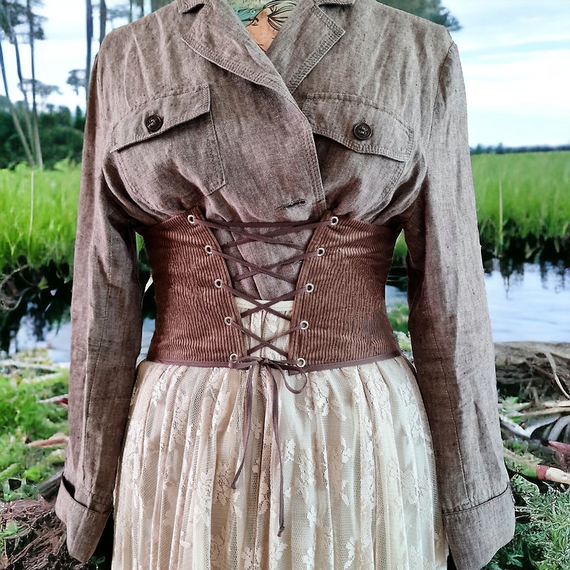 Brown wide corset belt lace up for dress, Underbust corset custom plus size - Belts - Cotton & Hemp Brown