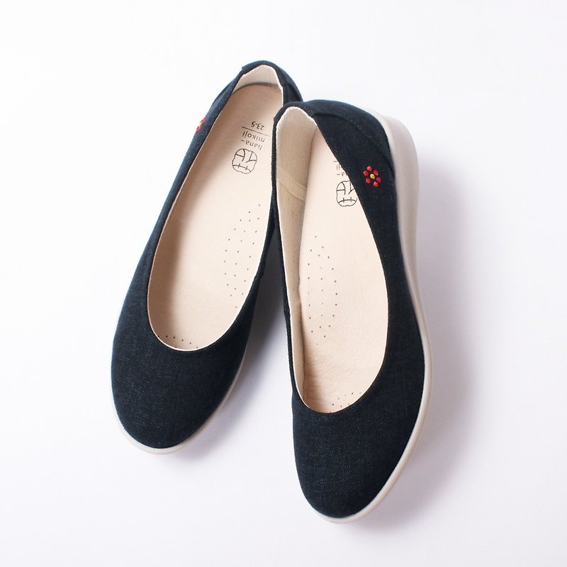 Elegant Day | Blue Flower Star Flower Shoes. Elegant Flower Embroidery. Small Slope Heel. Rolling. Thick Foundation 3cm - Women's Casual Shoes - Cotton & Hemp Blue