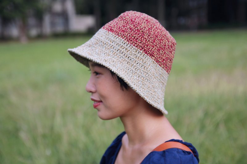 ウィービングカラーつばの広い帽子 - 赤レンガ色の緑の芽 - 帽子 - コットン・麻 レッド