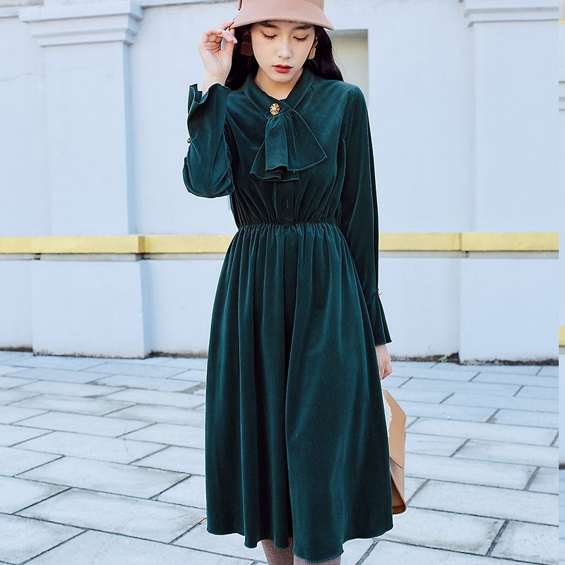 【有貨】女裝冬季穿搭飄帶收口袖長款連身裙洋裝 81399 - 連身裙 - 聚酯纖維 綠色