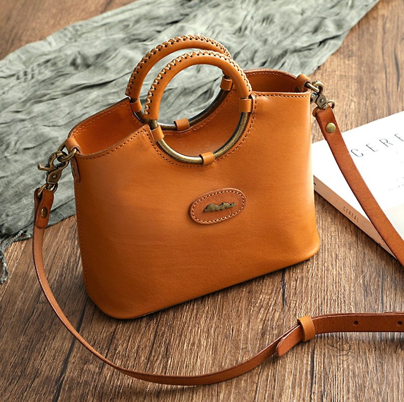 Cowhide ring handbag diagonal shoulder bag - Messenger Bags & Sling Bags - Genuine Leather Orange