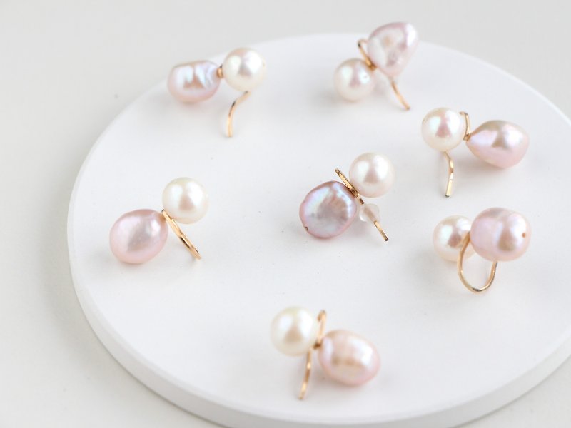 14kgf- 3way twin pearl pierced earrings/clip-on/ear cuff - 耳環/耳夾 - 其他金屬 白色