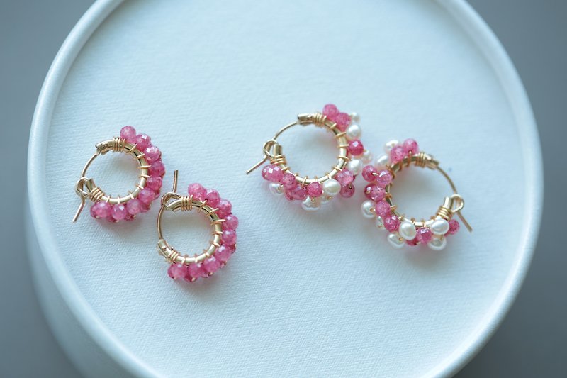 Happy Circle 1.3/1.5cm│Pink Stone Pearl 14kgf Changable Clip-On Birthday Gift - Earrings & Clip-ons - Crystal Pink