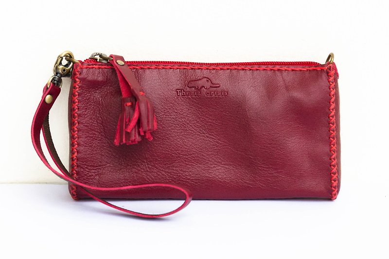'MOBILE BAG' HANDMADE SMALL LEATHER BAG-RED - กระเป๋าเครื่องสำอาง - หนังแท้ สีแดง