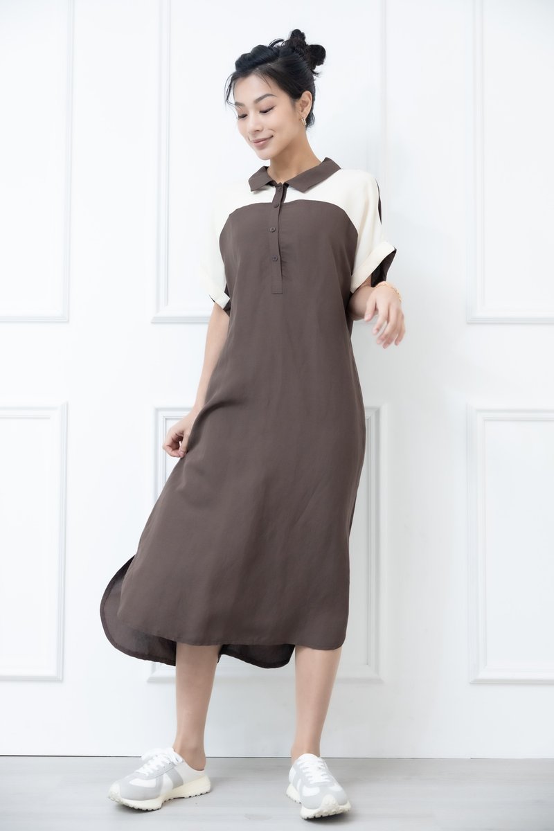 Shirt Collar Shoulder Patchwork Off-White Short-Sleeved Dress in Coffee Brown - One Piece Dresses - Other Materials Brown
