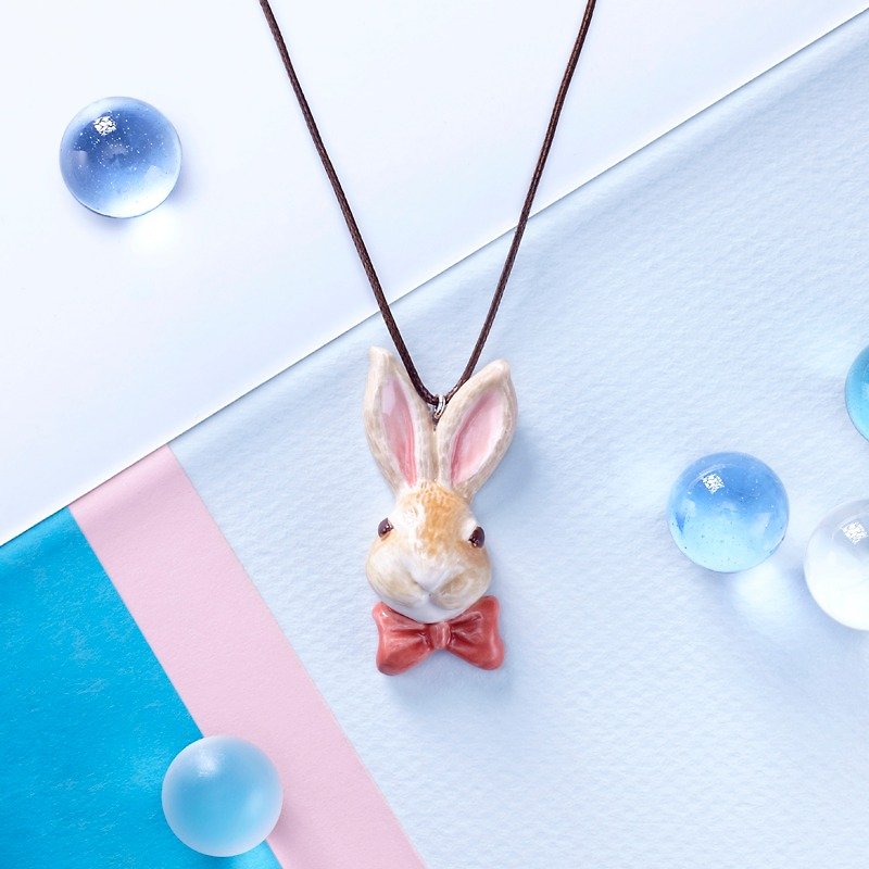 Butterfly Rabbit-Handmade White Porcelain Necklace - สร้อยติดคอ - เครื่องลายคราม สีนำ้ตาล