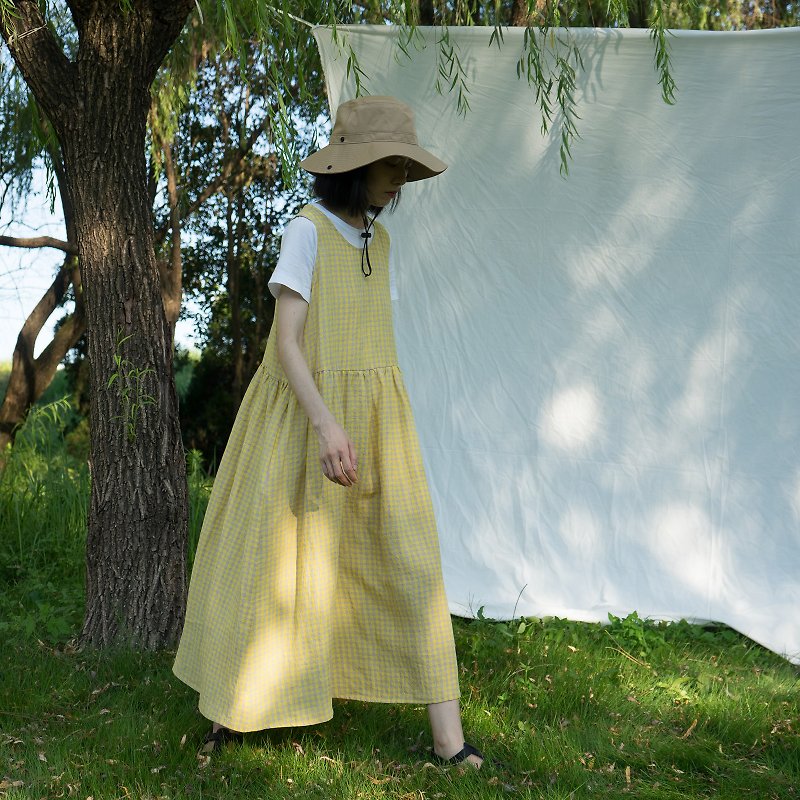 色織水洗亞麻 檸檬格紋圓領背心連衣裙  格紋背心洋裝 - 洋裝/連身裙 - 棉．麻 黃色