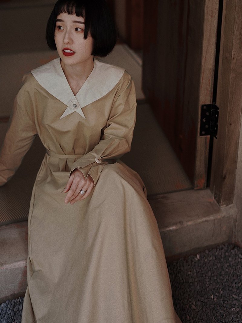 駝色 早春設計感撞色領洋裝 簡約氣質款溫柔後背腰帶收腰連身裙 - 連身裙 - 棉．麻 卡其色