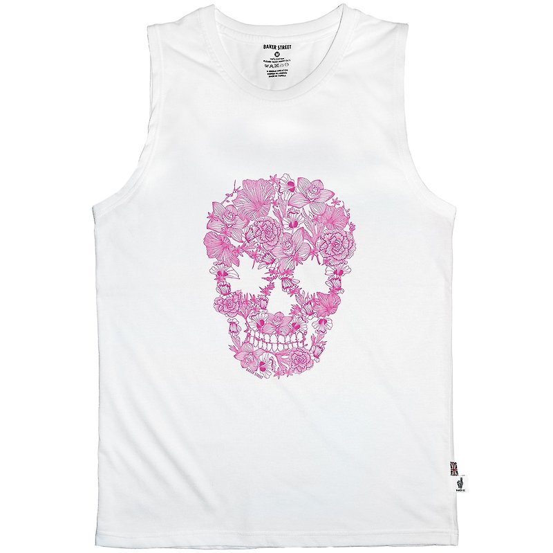 British Fashion Brand -Baker Street- Blossom Skull Printed Tank Top - เสื้อกั๊กผู้หญิง - ผ้าฝ้าย/ผ้าลินิน ขาว