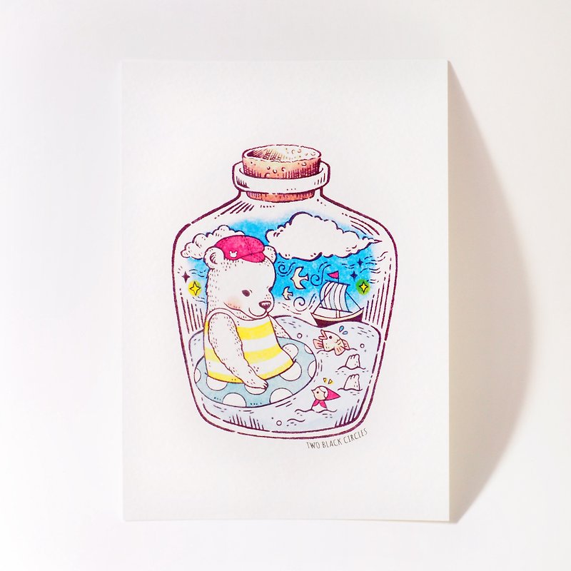 Illustration postcard with bear and elf's hour light seal in a bottle - Cards & Postcards - Paper 