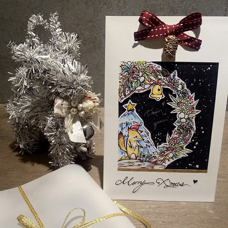 フォックス女の子手描きクリスマスカード°/ヤドリギ - カード・はがき - 紙 多色
