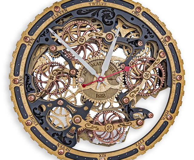 Automaton Bite 1682 woody HANDCRAFTED moving gears unique steampunk wall clock 