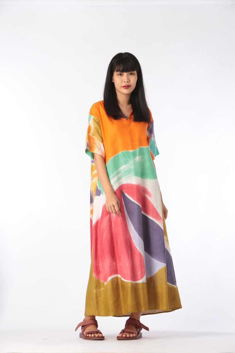 Kaftan Dress Linen V Nack Free Size Hand Paint - 洋裝/連身裙 - 棉．麻 橘色