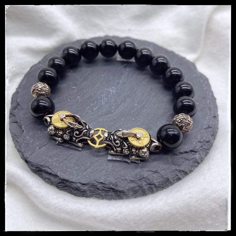 Obsidian Pixiu Six-Character Proverbs Bracelet Customized Sterling Silver