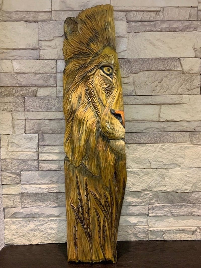 Carved wood lion Lion sculpture Lion wall decor Lion statue Lion figure art - Wall Décor - Wood Orange