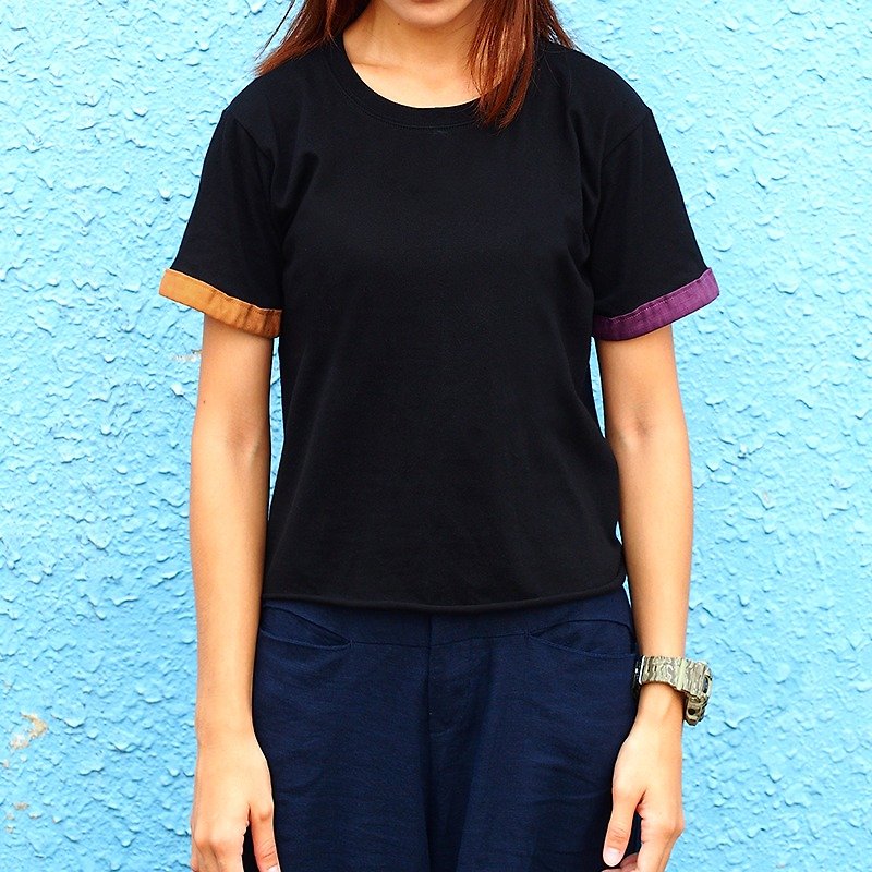 小牛村 女短袖 T-shirt 短版 拼色【童趣時光】紫/棕咖 T-20 - 女裝 上衣 - 棉．麻 黑色