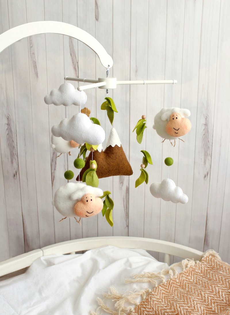 Sheep in the green leaves felt crib baby mobile, Woodland nursery cot mobile - Kids' Toys - Eco-Friendly Materials Multicolor