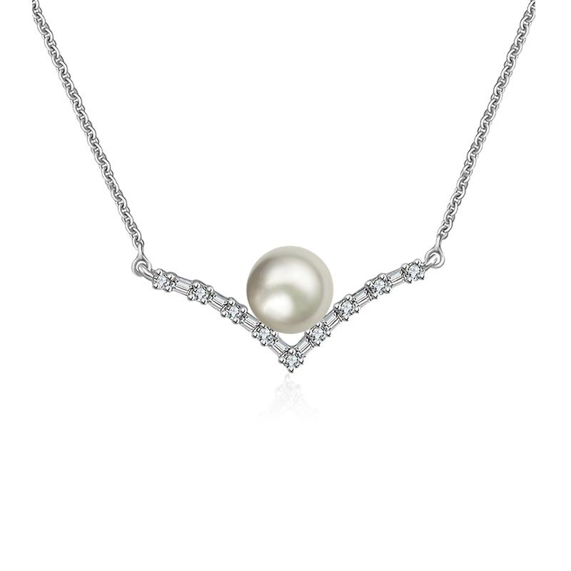 Double Curve Diamond Necklace With Pearl - สร้อยคอ - โลหะ สีส้ม