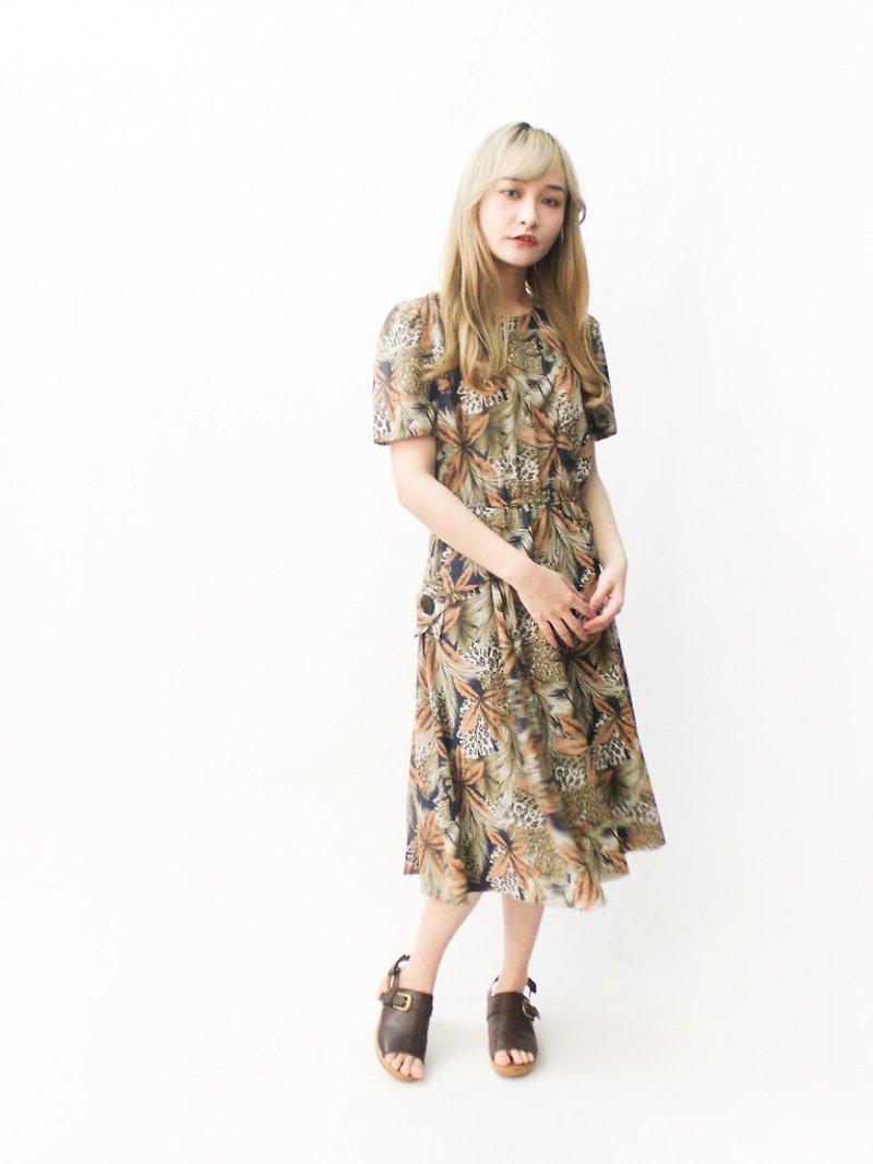 【RE0809D1379】夏日本製復古大人感熱帶印花短袖古著洋裝 - 洋裝/連身裙 - 聚酯纖維 咖啡色