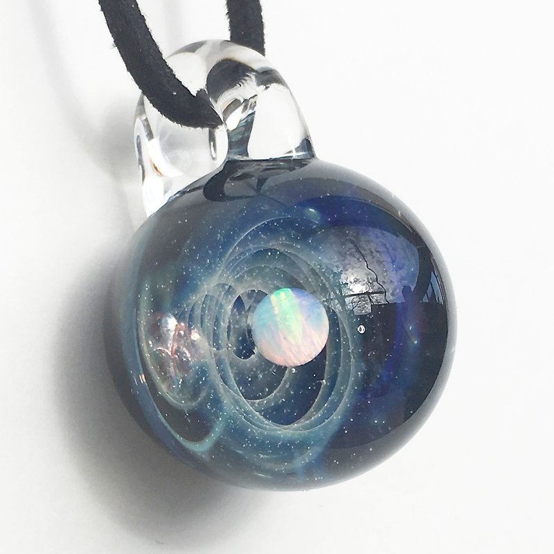 Planet & Meteorite World ver1 White Opal Glass Pendant with Meteorite Universe - Necklaces - Glass Blue