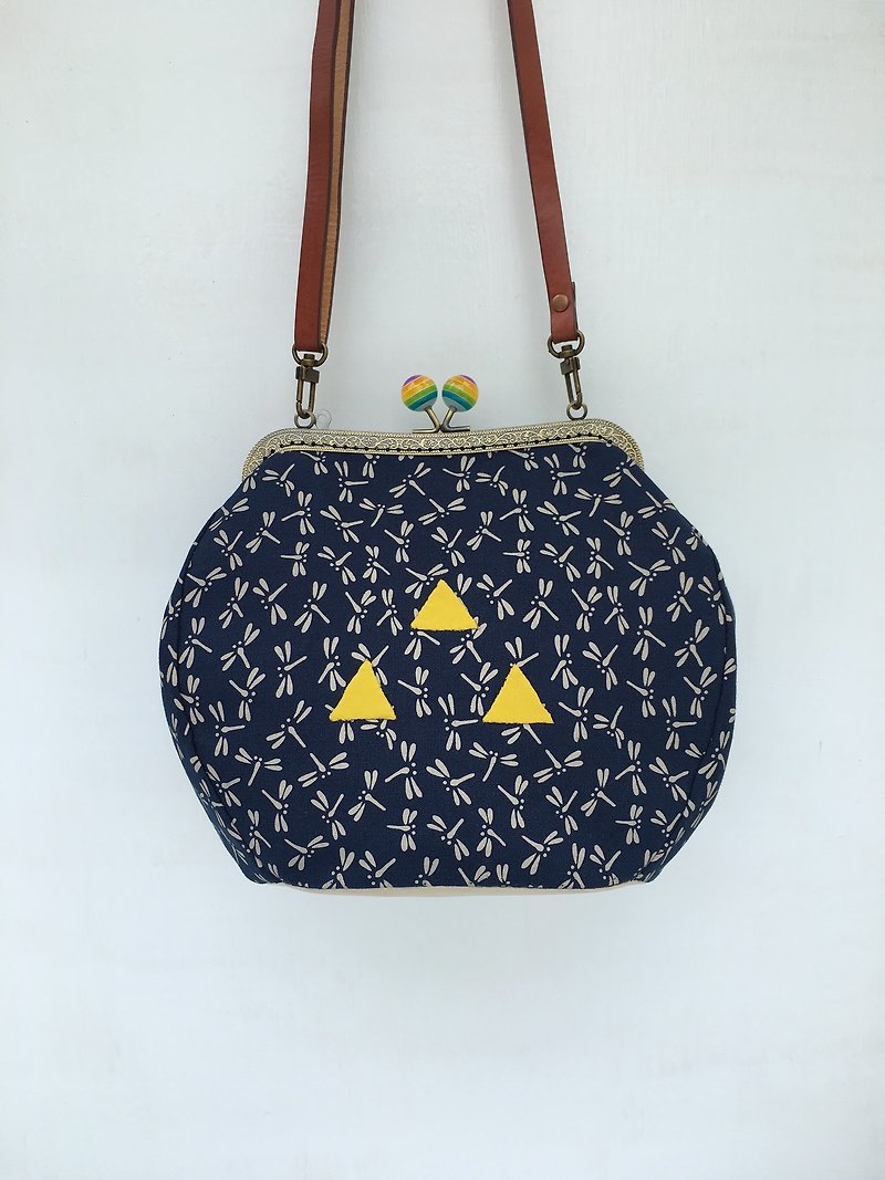Candies Dragonfly Secret Light Forest - mustard yellow dark blue gold beads Beaded buckle shoulder bag Anticline backpack Cosmetic bag Adjustable leather strap - Messenger Bags & Sling Bags - Cotton & Hemp Blue