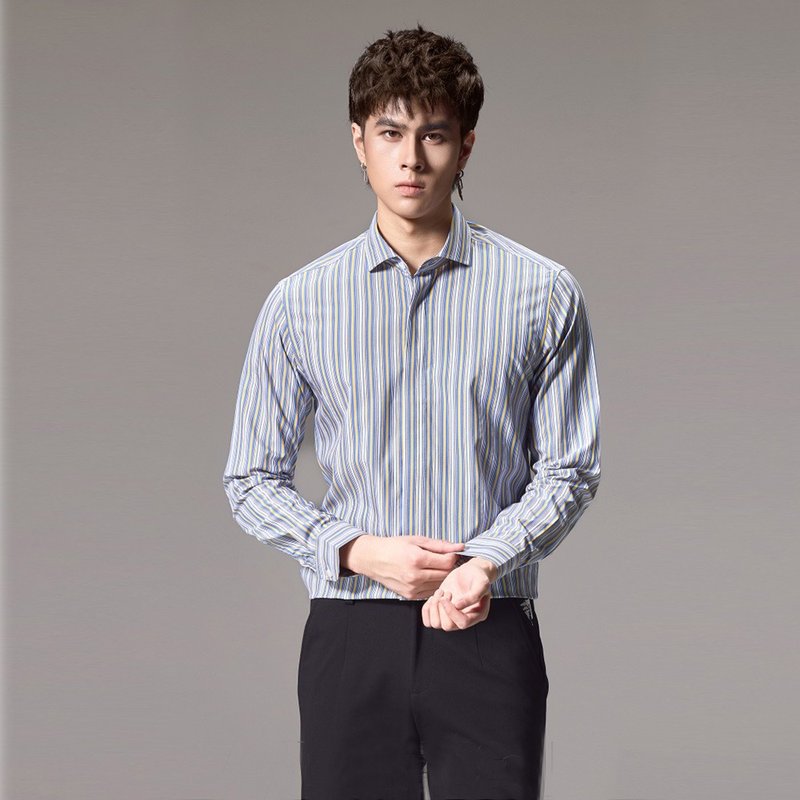 Fall men's slim stripe long sleeve shirt square collar shirt - Men's Shirts - Cotton & Hemp 