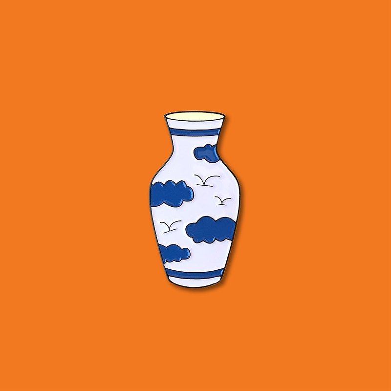 青と白の花瓶のピン - ブローチ - 金属 ブルー