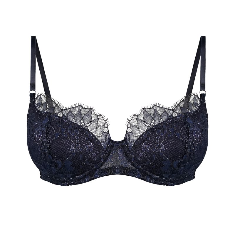 Dark blue lace sexy lingerie - Underwired padded bra -  Mesh underwear - Women's Underwear - Polyester Blue