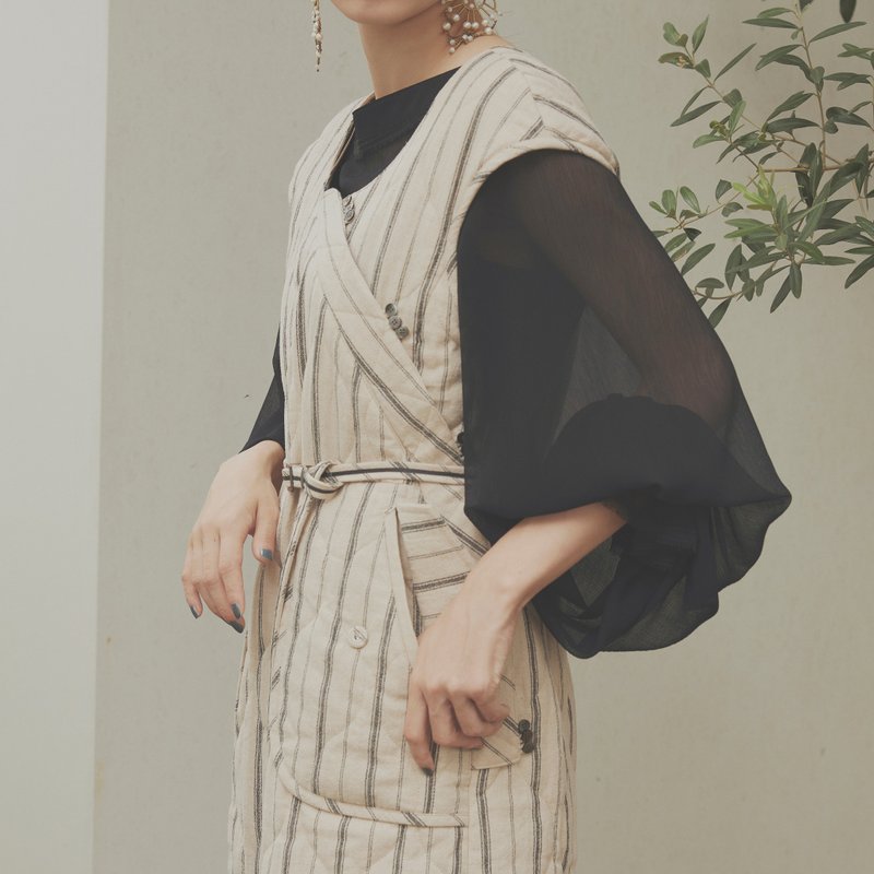 stripe quilt Jumper skirt (écru) - 洋裝/連身裙 - 棉．麻 白色