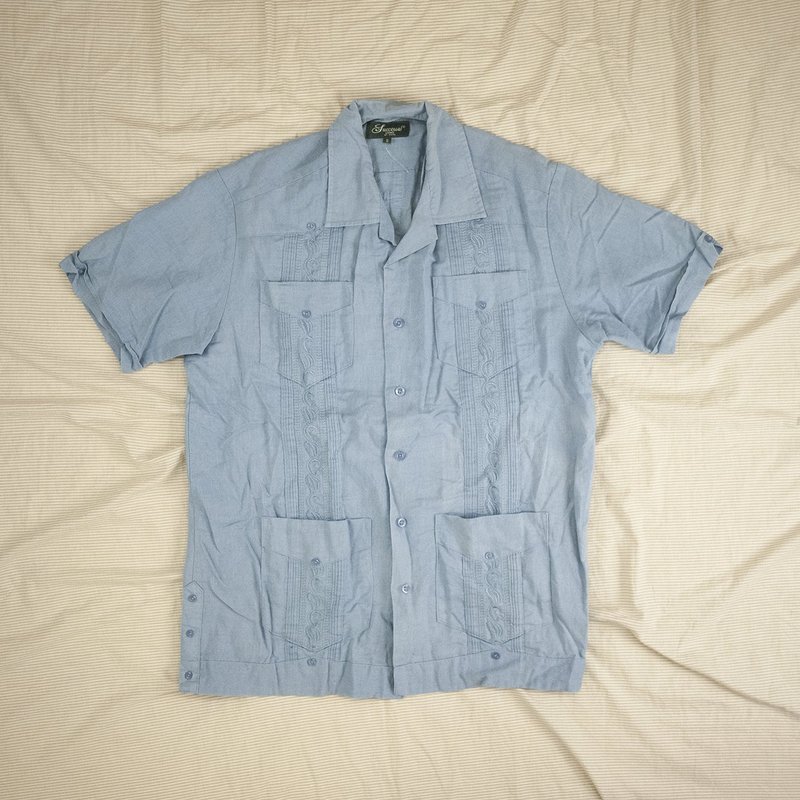 古巴襯衫 水藍 度假 短袖襯衫 cuba Guayabera Shirt 古著 二手 - 男襯衫/休閒襯衫 - 棉．麻 藍色