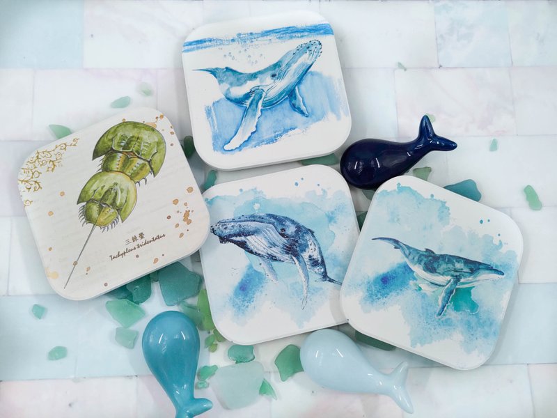 Hand-painted watercolor whale ceramic absorbent coaster - Coasters - Porcelain Blue